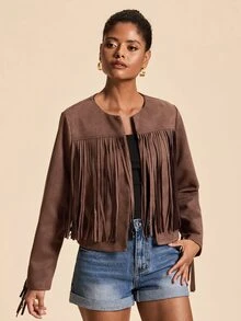 Travachic Elegant Cape With Tassel Long Sleeve Elegant Outerwear - Brown - View 5