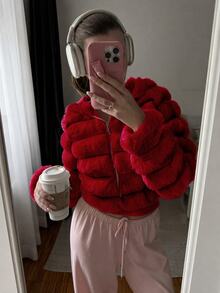 SHEIN EZwear 女款時尚純色毛絨連帽短版夾克，秋冬夜生活穿搭，米白色休閒優雅 - 酒紅色 - 查看 3