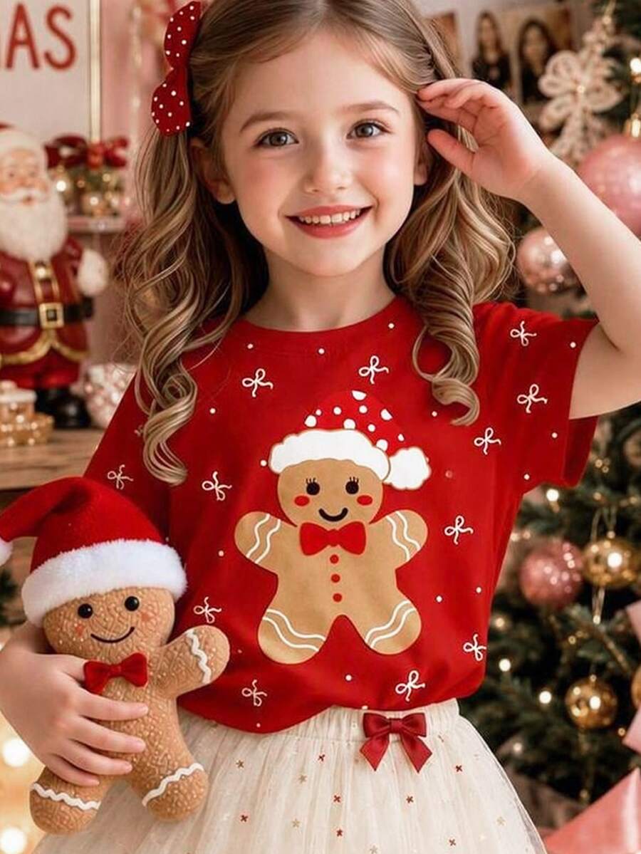 Tween Girl Christmas Gingerbread Man And Bow Print Short Sleeve Tee - Multicolor - View 1