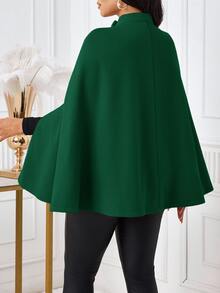 SHEIN Lady 女款休閒寬鬆披風式羊毛混紡大衣，極簡商務風秋冬女款紅色披肩優雅外套 - 墨綠色 - 查看 2