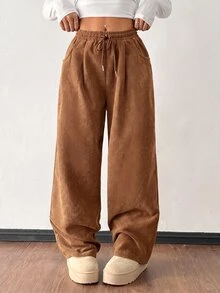 SHEIN PETITE 女款秋冬街頭時尚休閒復古燈芯絨紋理寬鬆長褲，適合嬌小女性，上班辦公，濃縮咖啡棕色 - 卡其色 - 查看 6