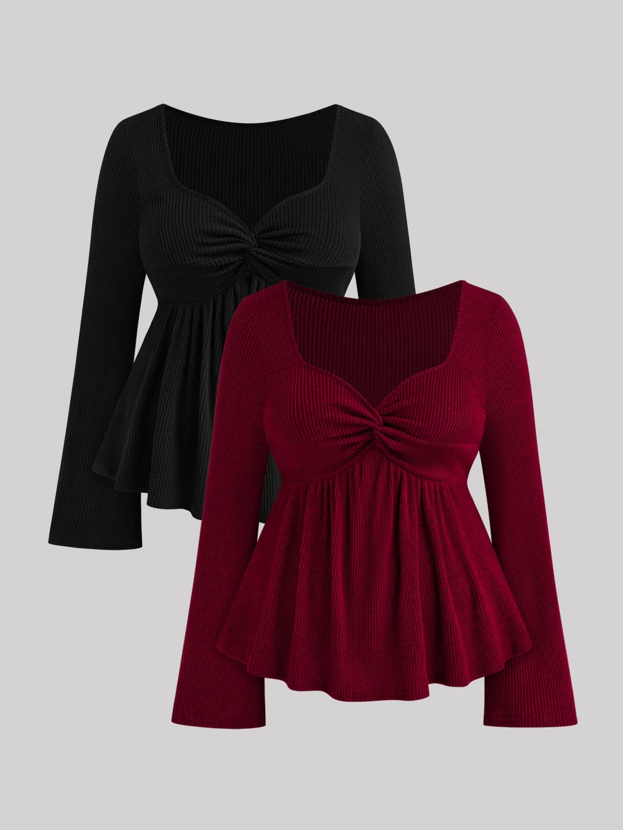 Sweetra Plus Size Women's Solid Color Pleated Casual Daily Long Sleeve T-Shirt Fall - Multicolor - View 1