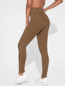 SHEIN Essnce 女款鈕扣前襟修身牛仔褲 - 棕色 - 查看 2