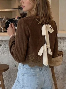 Serisse 女款蕾絲拼接休閒日常外出襯衫 - 棕色 - 查看 6