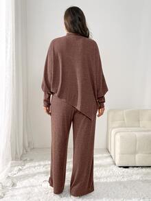 Shapeblank Women's Plus-Size Fall/Winter Two Pieces Set: Stylish, Loose, Stretchy, And Comfortable Long-Sleeve Mock-Neck Cape Top With Wide-Leg Trousers (Brown) - Brown - View 2