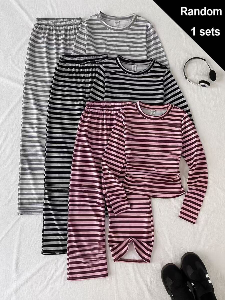 青少年女孩 T-Shirt - 青少年女孩針織長袖 T-Shirt 白色棕色圓點長褲休閒可愛 2 件套校園秋季 - 咖啡棕 - 查看 1