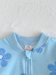 SHEIN 2件組幼童女童夾克褲套裝，可愛甜美藍白花卉荷葉邊珍珠裝飾，飛袖立領，適合生日派對、秋季假期，羅紋設計 - 藍色 - 查看 4