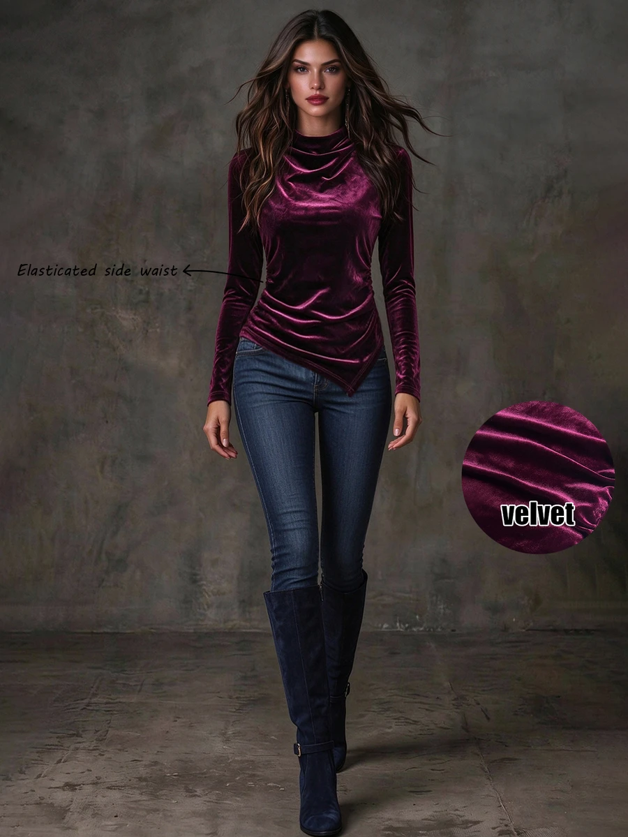 SHEIN Women's Autumn Turtleneck T-Shirt Top, Suitable For Spring And Autumn, Pullover Design, Versatile For Layering And Outerwear - Purple - View 1