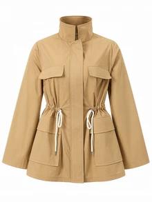 Linhara Fashionable Vintage Elegant Commuter Jacket With Turn-Down Collar, Pockets And Cinched Waist In Khaki - Khaki - View 3