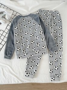 SHEIN 2pcs Tween Boy Soccer Kids Pattern Plush Fabric Loungewear Set Autumn - Grey - View 2