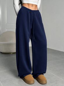 SHEIN EZwear 女款休閒基礎款寬鬆寬腿純色運動長褲，適合畢業季、返校、教師穿搭、上班、居家休閒、冬季健身，淺灰色 - 藏蓝色 - 查看 6