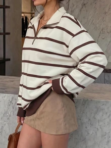 Cévolie Women's Loose Striped Half-Zip Stand Collar Drop Shoulder Sweatshirt, Casual Loose Minimalist Versatile, Suitable For Daily Wear - Apricot - View 6