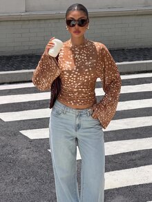 Muchica Plus Size Women's Animal Print Round Neck Batwing Long Sleeve Ruched Waist T-Shirt - Multicolor - View 5