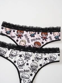 HARRY POTTER X SHEIN Women's Lace Patchwork Cartoon Print Casual Daily Thong Panties - Pink - View 4