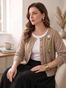 EMERY ROSE كارديجان محبوك بأزرار مطرزة بطراز عتيق مقاس كبير - كاكي - مشاهدة 4