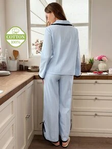 Snug Reverie 100% Cotton Black Lace Trim Lapel Button Front Split Hem Tie Waist Women's Pajama Set - Baby Blue - View 2