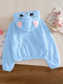 SHEIN 1件女孩甜美風休閒外套，校園休閒穿搭，秋冬款3D貓咪刺繡連帽寬鬆抓絨夾克 - 藍色 - 查看 2