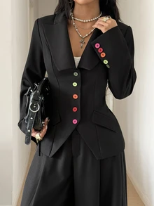 StreetHx Women's Single-Breasted Long Sleeve Jacket And Pants Casual Commute Suit Set - Black - View 4