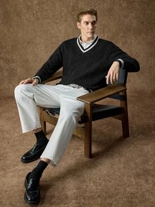 Manfinity CityGents Old Money 男士復古條紋拼色長袖毛衣，情侶穿搭，辦公通勤秋季款，最佳節日禮物 - 藏蓝色 - 查看 5