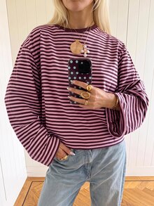 SHEIN EZwear Women's Striped Round Neck Long Sleeve Casual Loose Fit T-Shirt - Multicolor - View 4