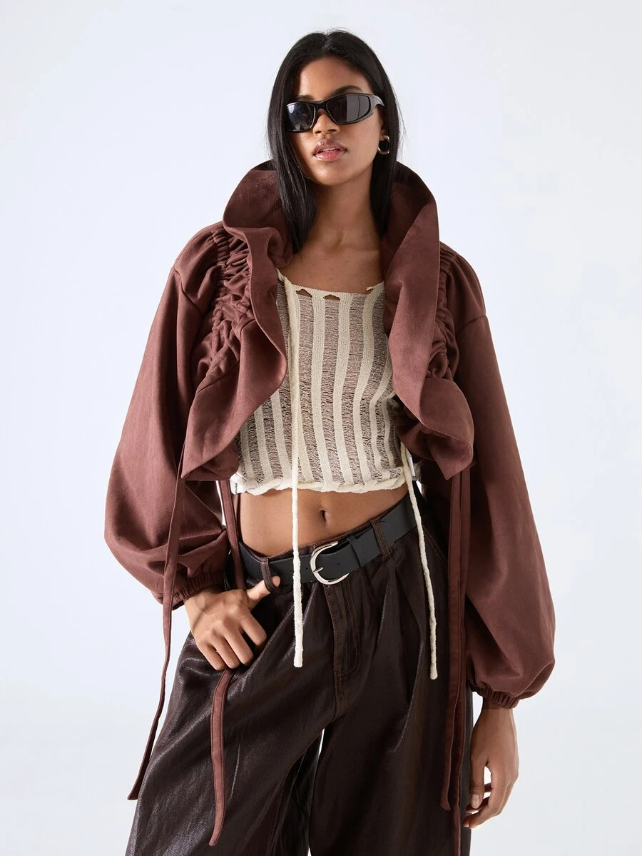 LYSMO Women's Solid Color Long Sleeve Ruffle Drawstring Design Cropped Jacket - Brown - View 1