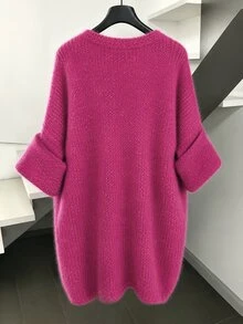 INAWLY Cardigan Rajut Tebal Warna Merah Muda Mawar Tanpa Kancing untuk Wanita, Lengan Kelelawar Longgar, Panjang Sedang, Jaket Kasual Musim Gugur/Dingin - Purple - View 2