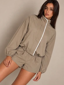 Brilight Women's Autumn & Winter Stand Collar Zip Jacket & Shorts Set, Contrast Piping & Drawstring Waist Two-Piece Outfit For Daily Outings - Khaki - View 1