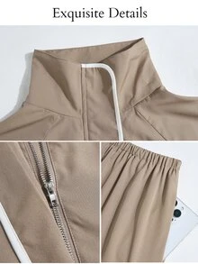 Brilight Women's Autumn & Winter Stand Collar Zip Jacket & Shorts Set, Contrast Piping & Drawstring Waist Two-Piece Outfit For Daily Outings - Khaki - View 7