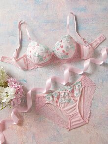 Elorette 2pcs Mint Green Underwire Molded Cup High Support Push Up Lift Floral Embroidery Comfy Balconette Bra Set For Women - Pink - View 3