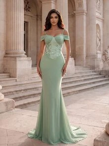 Coutiva Women's Elegant Romantic Luxury Sequin Pleated Evening Prom Gala Dinner Dress New Year Sage Green - Mint Blue - View 3