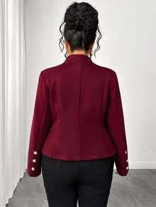Yalmera Jaket Pendek Elegan Ukuran Plus Gaya Napoleon Kancing Ganda dengan Kerah Tegak dan Manset Kancing, Wol Warna Burgundy untuk Natal dan Tahun Baru - Burgundy - View 2