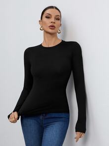 SHEIN Tall 女款三件組圓領休閒修身長袖T恤套裝 春秋冬 高身長返校穿搭 黑灰白 - 彩色 - 查看 4