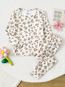 SHEIN 女童清新溫柔秋冬高彈力舒適面料圓領長袖上衣與配套復古碎花修身彈性長褲，柔軟保暖貼身內搭兩件套，緊身版型 - 杏色 - 查看 2