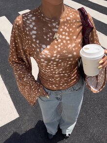 Muchica Plus Size Women's Animal Print Round Neck Batwing Long Sleeve Ruched Waist T-Shirt - Multicolor - View 3