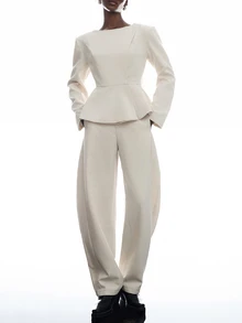 LYSMO Women's Solid Color Long Sleeve Jacket And Pants Casual Suit Set - White - View 1