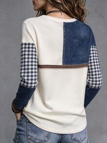 SHEIN LUNE Patchwork Design Plaid Element Pattern Print Casual Fashion Plus Size T-Shirt - Multicolor - View 2
