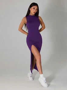 SHEIN PETITE 女士優雅性感休閒開衩洋裝，輕盈夏季女款洋裝，適合嬌小女性夜生活外出穿著，純黑色 - 紫色 - 查看 3