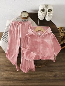 SHEIN 女童天鵝絨連帽長袖外套與長褲套裝，適合秋冬，時尚百搭，穿著舒適 - 粉色 - 查看 1