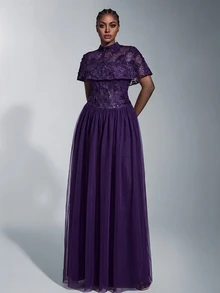 Elitara Plus Size Elegant Minimalist Deep Purple Lace Embroidered 2 Pieces Set Tube Top With Shawl Bodycon A-Line Long Dress For Wedding, Party, Formal Evening Event - Dark Purple - View 5