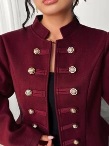 Yalmera Jaket Pendek Elegan Ukuran Plus Gaya Napoleon Kancing Ganda dengan Kerah Tegak dan Manset Kancing, Wol Warna Burgundy untuk Natal dan Tahun Baru - Burgundy - View 6