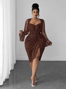 Maweii Plus Size Elegant Party Lace Patchwork Dress Fall - Brown - View 2
