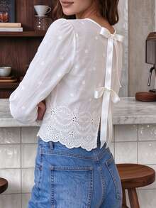 Cévolie Women's White Pure Cotton Floral Embroidered Pattern Round Neck Lantern Sleeve Short Blouse With Back Tie Design, Solid Color Minimalist Casual Versatile, Suitable For Daily Wear - White - View 3