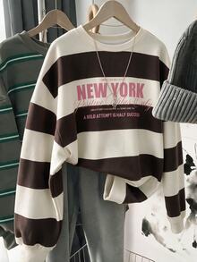 SHEIN LUNE كنزة سويت شيرت بولوفر فضفاضة بأكتاف منسدلة وطبعة خطوط متباينة مع شعار - أبيض - مشاهدة 1