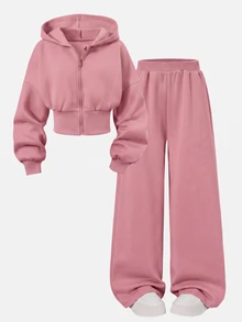 SHEIN 2件組女童馬卡龍色系花卉收腰刷毛抓絨運動衫＋寬鬆長褲休閒運動套裝，秋冬假期校園學生穿搭 - 粉色 - 查看 6