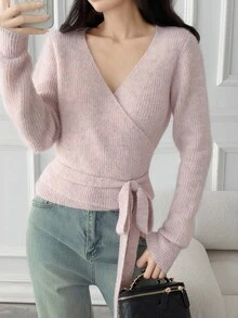 DAZY Women's Cross V-Neck Soft Knit Cardigan Sweater, Pink Casual Sweater - Pink - View 6