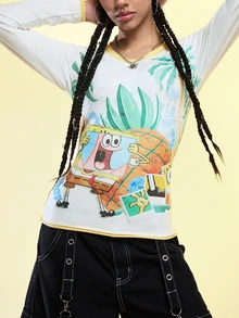 SpongeBob SquarePants | ROMWE Kaos Lengan Panjang Kasual Wanita Motif Kartun untuk Sehari-hari - Putih - View 1