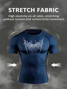 Gym Rark Men's 2Pcs Athletic Outfit, Slim Fit Quick Dry Short Sleeve Compression Tee & Printed Drawstring Jogger Pants, Abstract Thorn Graphic Gym Set - Royal Blue - View 3