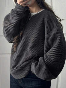 Dazy Plus Solid Color Round Neck Button Placket Drop Shoulder Long Sleeve Loose Casual Versatile Sweatshirt Autumn Winter - Dark Grey - View 4
