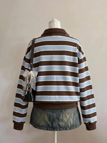 Aloruh 女款初秋休閒百搭棕色條紋運動衫，適合外出，學院風運動衫 - 彩色 - 查看 5
