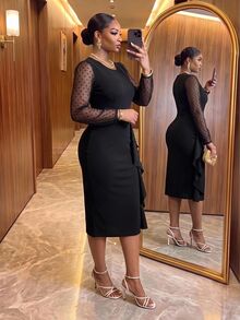 SHEIN Lady فستان مقاس كبير مثير وأنيق بحافة كشكشة ناعمة حفلة كوكتيل رسمي أسود للخروج ليلاً غامض رأس السنة التخرج ضيف الزفاف موعد ذكي ليلة الخريف - الأسود - مشاهدة 2